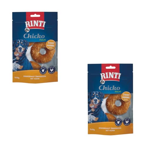 Rinti Chicko Maxi Kauringe | Doppelpack | 2 x 150 g | Aus bissfester Rinderhaut mit Hühnerfleisch überzogen | Putzkörperchen auf Mineralstoffbasis | Wiederverschließbar