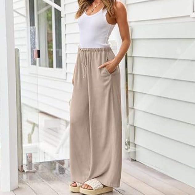 Pasuda Womens Linen Trousers Elasticated High Waisted Pants for Women Casual Wide Leg Trouse, Breathable2