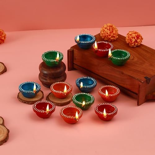TIED RIBBONS 12 pcs Handmade Clay Diya for Diwali, Traditional Homemade Diyas Tealight, Indian Oil Lamp, Diwali Decorations for House, Terracotta Diyas, Diwali Gifts