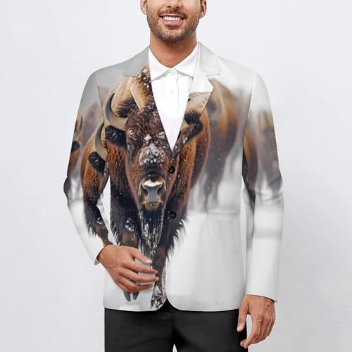 Herd of Bison Snowy Day Men's Slim Suit Long-Sleeve Prom Tuxedo Classic Two Button Business Jacket2