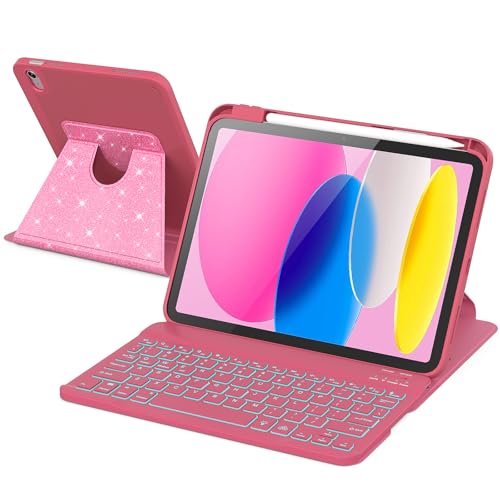 Image of RAYMCRAFT for iPad 11th(A16, 2025) /10th Generation Case with Keyboard, 360 Rotatable Case & Detachable Backlit Keyboard, Precision Cutouts and Pen Holder for iPad A16 11'' /10th 10.9'', Sparkling Pink