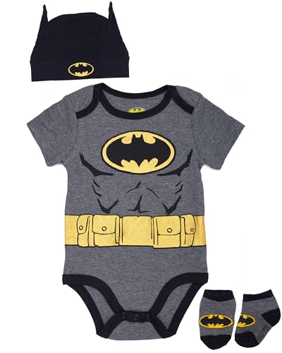 Image of DC Comics baby-boys 3 Piece Gift Set Batman Bodysuit Bootie Socks and Hat Set