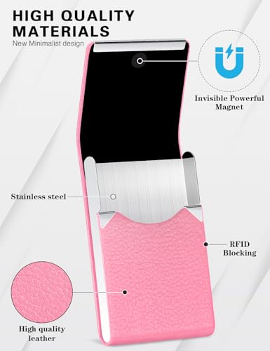 Image of Padike Professional Business Card Holder PU Leather Business Card Case Name Card Holder Slim Metal Pocket Card Holder with Magnetic Shut (Pink)