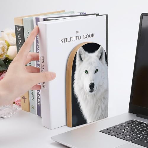 Sujetalibros de lobo blanco de madera y base de metal, organizador antideslizante de 1 par 7