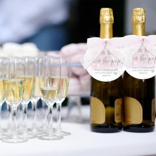 MotiMind 50 Set Pop Bottle Tags, Champagne Baby Shower Favor Labels When Pops Tags with Bows and Ribbon for Party Guest Gifts(Pink)