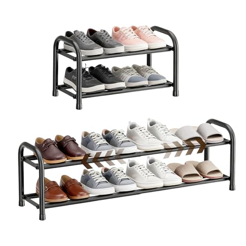 Zapatero expandible de 2 niveles, organizador de almacenamiento de zapatos de metal ajustable para armario y entrada, 45 a 83 cm, estante resistente de pie, zapatero negro, ahorro de espacio para