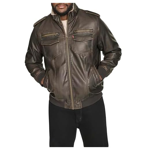 Levi's mens Vintage Deer Sherpa Lined Aviator Bomber Faux Leather Jacket, Dark Brown, Large US