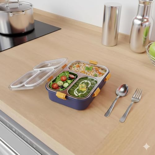 Image of 800 ml Stainless Steel Lunch Box, 3 Compartments, Blue | Leak-Proof Tiffin, Includes Spoon & Fork, BPA-Free Food Grade Steel, Dishwasher Safe, for School & Office