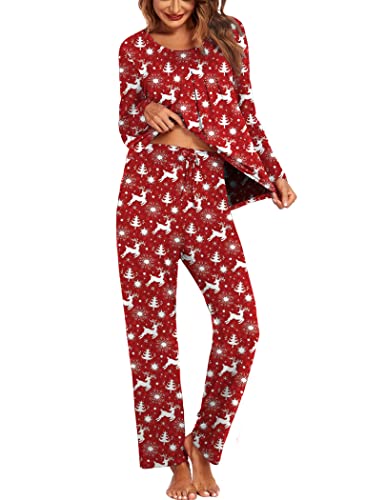 Ekouaer Pajama Sets Long Sleeve Sleepwear Womens Two Pieces Pleated Nightwear Soft Pj Lounge Sets Christmas #TOP17