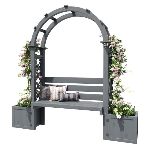 Arche de rosiers avec pot de fleurs et banc, bac à fleurs en bois de sapin, tuteur pour plantes grimpantes, jardinière pour jardin, terrasse, cour, gris