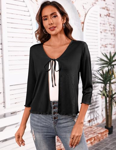 Image of Aiboria Women's Tie Front Shrug 3 /4 Sleeve Ribbed Bolero Lightweight Cropped Cardigan S-XXL