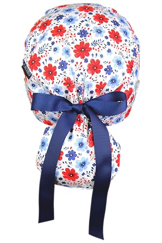 Image of Scrub Cap for Women and Men, Ponytail Scrub Caps, Working Hat, Head Cover with Ribbon Ties and Buttons, Long Hair