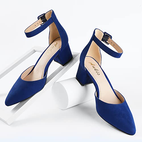 Image of Ankis Closed Toe Heels for Women -Navy Blue Pointed Toe Heels Low Block Chunky Women Pumps with Ankle Strap -2.25 Inch