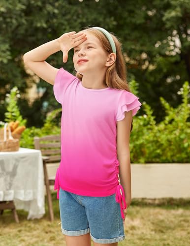 Image of Arshiner Girls T Shirts Ruffle Short Sleeve Ruched Knot Side Tunic Blouse Summer Tee Tops