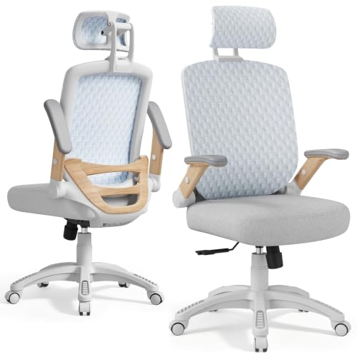 Image of Ergonomic Office Chair, High Back Home Desk Chair with Flip-Up Arms, 3D Headrest, 90-120 Tilt and Wide Cushion Seat, Big and Tall Computer Chairs for Man Woman, Mesh Chair Black Woodgrain