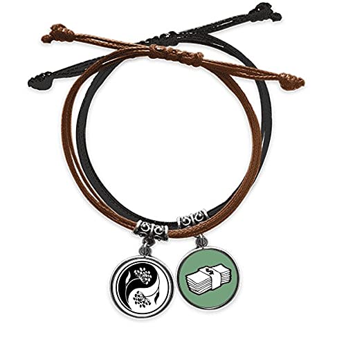 Pulsera de cordon y cuero negro Yin Yang con acabado artesanal de flor blanca pulida