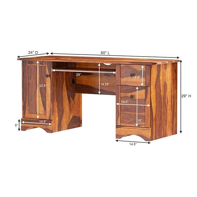 Image of Heer Handicraft Simple Office Computer Table with Three Drawer & Single Door Cabinet with Legs & Keyboard Tray Support in Natural Honey in Matte Polished Finish, Material: Sheesham Wood