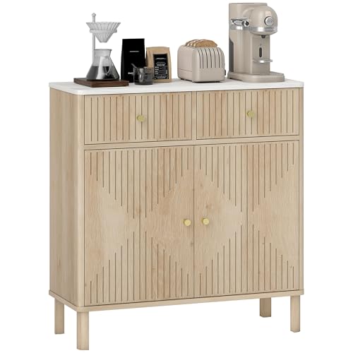 HOMCOM Credenza Cucina con 2 Cassetti Silenziosi e Piano d'Appoggio Effetto Marmo, Mobile Cucina con Armadietto e Ripiano Regolabile, Credenza Soggiorno per Salotto Sala da Pranzo, 77x30x80cm, Rovere