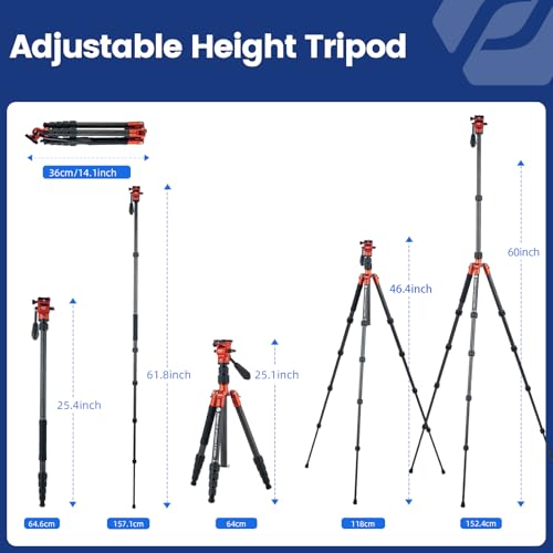 Image of Fotopro 59 inch Carbon Fiber Travel Tripod, Compact Video Tripods with Fluid Head, Detachable Monopod with Arca-Swiss Quick Release Plate and Bag, Camera Tripod Load up to 8KG /17.63lbs, Orange