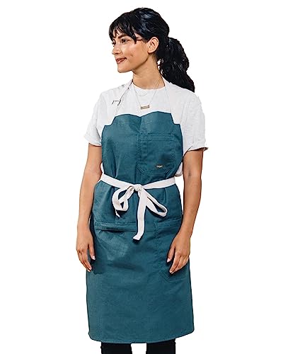 Caldo Daily Cotton Kitchen Apron for Cooking- Mens and Womens Professional Chef or Server Bib Apron - Adjustable Straps with Pockets and Towel Loop (Spruce)