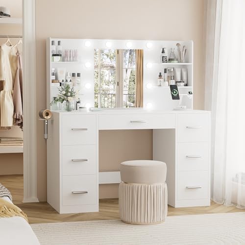 YESHOMY Vanity Desk with Mirror, Outlet, 10 Lights & 7 Drawers,Pu...