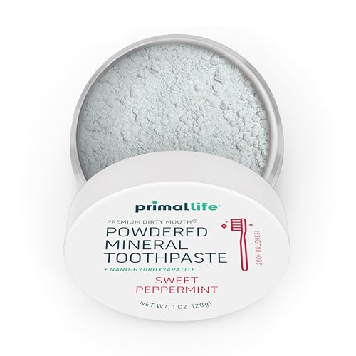 Image of Primal Life Organics - Dirty Mouth Toothpowder, Tooth Cleaning Powder, Flavored Essential Oils with Natural Kaolin & Bentonite Clay, Good for 200+ Brushings, Organic, Vegan (Sweet Peppermint, 1 oz)