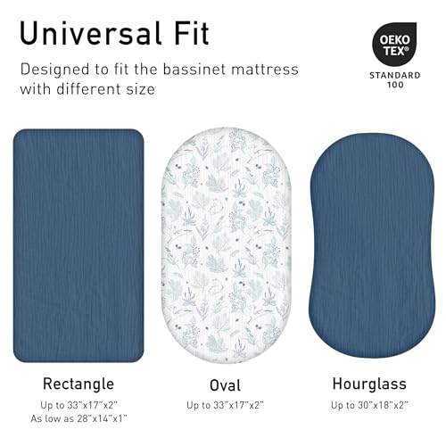 Image of Muslin Bassinet Fitted Sheets 2 Pack, Soft Breathable Cotton Baby Bassinet Mattress Sheet Set, 360 Elastic Snug Fit, Universal for Oval, Rectangle (Blue Deer, Bassinet Sheets 2 Pack)
