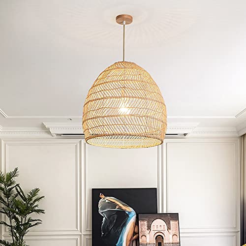 DANGGEOI Woven Rattan Pendant Light, Curved Rattan Bamboo Chandelier, 1 Light Beige Ceiling Hanging Light for Kitchen Island Living Room Bedroom Restaurant (13.8" x 13.8") - Image 3