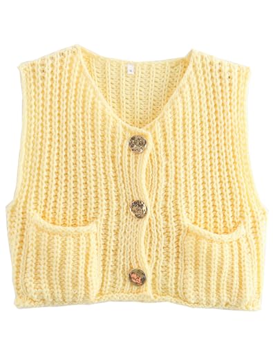 Image of Lucrosun Women's Chunky Knit Vest Button Down Sleeveless Cropped Sweater Vest (Yellow-M)