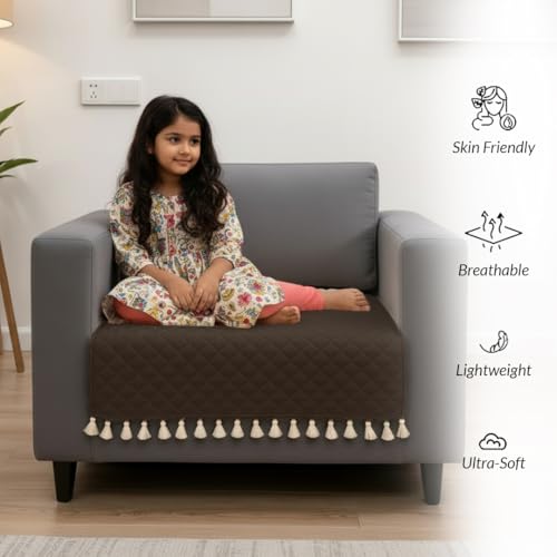 Image of HOMEMONDE 1 Seater Quilted Velvet Sofa Cover with Tassels |Soft, Durable & Premium Fabric with Tassels | Sofa Cover Mats for Living Room, Bedroom & Drawing Room (76 X 61 CM, Brown)