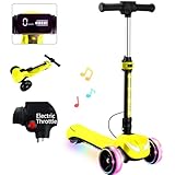 Kids Electric Scooter w/LCD Screen, Bluetooth Music, Light-Up Stem Deck & Wheels, Thumb Throttle, 3 Adjustable Heights, 150W Powerful Motor, Foldable 3 Wheel Electric Scooter for Kids Boy Girl, Yellow