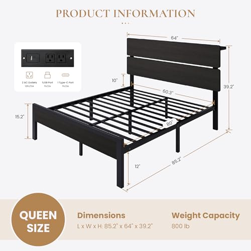 Image of SHA CERLIN Queen Size Bed Frame, Led Light, Charging Station, Storage Shelf | Wooden Headboard, Heavy Duty Slats Support, Metal Platform Bed, Under Bed Storage, No Box Spring Needed, Noise Free, Black