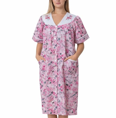 Image of Women's Short Sleeve Woven Snap-Front Closure Floral Embroidery Housecoat Duster Lounge Nightgown Robe with Front Pockets
