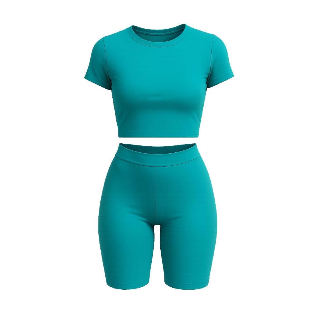 ANZEE Workout 2 Piece Outfits Shorts with Crop Top for Teens & Kids Girls Matching Costume Slim Fitted Neon Plain & Printed Short Sleeve Crop TShirt (UK, Age, 5 Years, 6 Years, Turquoise)