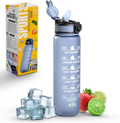 Roe Tenpo Trinkflasche 1L Mit Strohhalm und Zeitmarkierungen, Motivierende und Umweltfreundliche BPA-Freie Flasche für Laufen, Fitnessstudio, Yoga, Outdoor-Aktivitäten und Camping