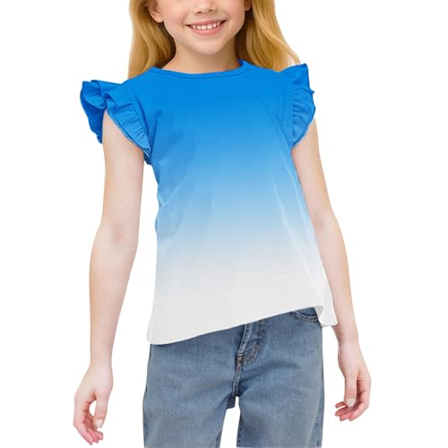 Girls Ruffle Flutter Sleeve T-Shirts Cute Gradient Summer Tops Loose Crewneck Casual Tees for Kids 3-15 Years