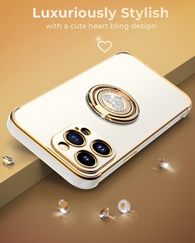 Image of XYZ for iPhone 14 Pro Back Cover Case with Stand, Phone Case with Double Ring Kickstand, for Girls Women, Luxury Cute Bling Protective Phone Cover Case for iPhone 14 Pro, White | Double Ring Holder, Cute Love-Heart, Phone Chain Wristlet, Wrist Strap, Women Girls Bling Luxury Protective Case, White