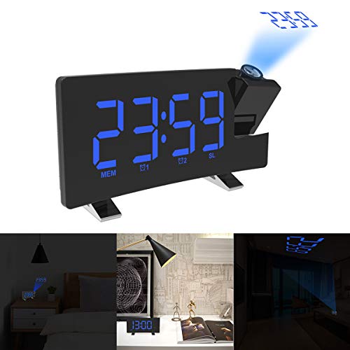 Prenine Despertador de proyección Digital, Pantalla LCD, Radio FM, 2 alarmas, Carga USB (Negro, Palabra Azul)