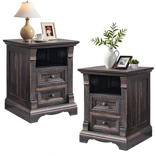 Image of Farmhouse Nightstand Set of 2, 18 inch Sofa Side Table with Charging Station