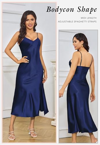 Image of ALCEA ROSEA Women's Long Satin Slip Dress Nightgowns Sexy Lingerie Adjustable Strap Midi Dress Silky Gown V Neck Under Dress