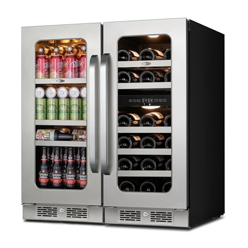 Image of Wine and Beverage Refrigerator, 30 inch Dual Zone Under Counter Wine Beverage Cooler Built-In or Freestanding Wine Fridge with Glass French Door Holds 80 Can & 29 Bottle