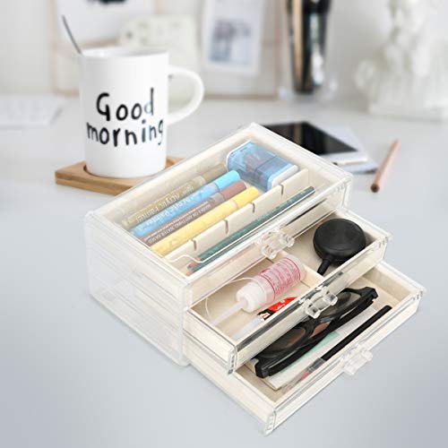 Feiscon Acrylic Jewelry Organizer Makeup Cosmetic Storage Organizer Box Clear Jewelry Case With 3 Drawers Adjustable Jewelry Box Velvet Trays Grid Size #TOP4