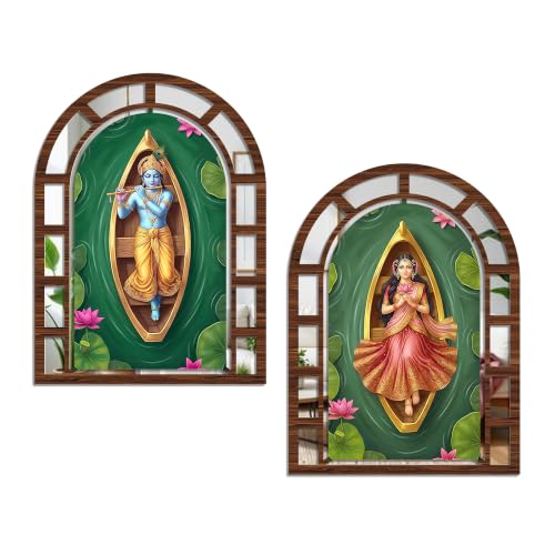 Image of Artvibes Cultural Radha & Krishna Wall Hanging Decor | Decorative Jharokha Mirror for Living Room, Bedroom, Hall, Prayer Room, Dining Room, Foyer & Entryway | Gift (WHJ 12049N), Set of 2