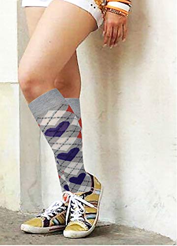 6 Pairs Women's Fancy Design Multi Colorful Patterned Knee High Socks,Hearts Argyle,Size 9-11 ( Fit Women Shoe Size 4 To 10 ) #TOP4