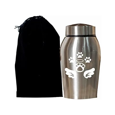 Bobode Silver Stainless Steel Pet Urn Dog Cat Paws Memorial Urn Cremation Funeral Pet Urn,Laser Engraving Urn for Dogs Cat Ashes with Black Velvet Bag Cover