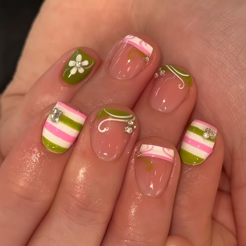 Image of Green White Press on Nails Stripe Fake Nails Short Square Nails Press ons | Flower False Nails with Rhinestone Design French Tip Stick on Nails for Women Reusable Glossy Full Cover Manicure 24Pcs