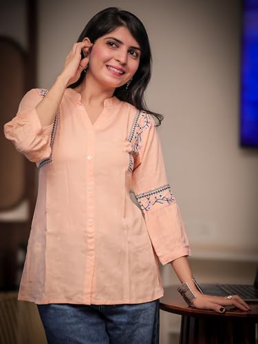 Image of Women's Viscose Rayon Embroidered A-Line Short Kurti Above Knee Regular Fit Tunic Top Office Wear Casual short kurti for women | office wear top | A-line kurti | raksha bandhan gift dress for women