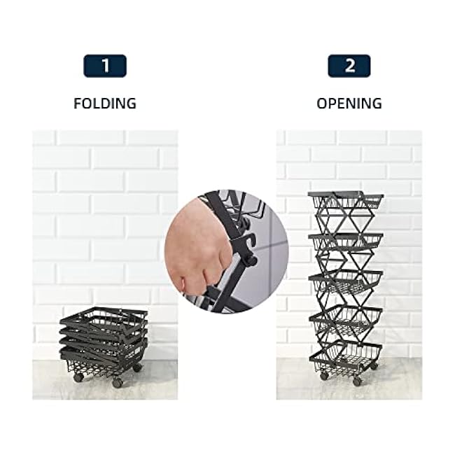 Metal Kitchen Storage Carts Foldable Fruit Vegetable Baskets Cart Standing Shelf Rack on Wheels for Kitchen,Home,Office,Living Room,Pantry,Snack Storage(3 Tiers)-mCqfdp3J