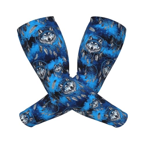 VAFZASC Men Women Fashion UV Arm Sleeves Camo Native Wolf Dream Catcher Blue Cooling Compression Sun Sleeves for Driving Golf Running Sports