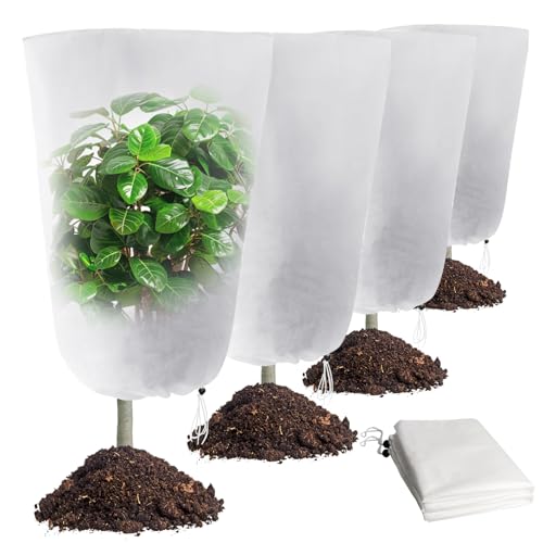 WYTNB 4Pcs Plant Winter Fleece 60x80cm Antifreeze Plant Blanket Frost Protection Cover Rip Resistant Garden Fleece Bags Plant Jacket with Drawstring Freeze Protection Cover from Brids Insects